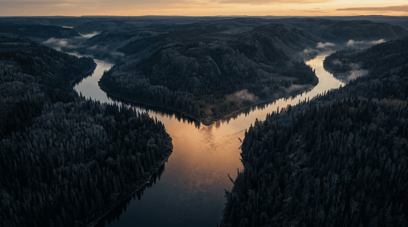 Confluence de deux rivières à l'aube, vue aérienne — image éditoriale traitée en bichromie or/encre