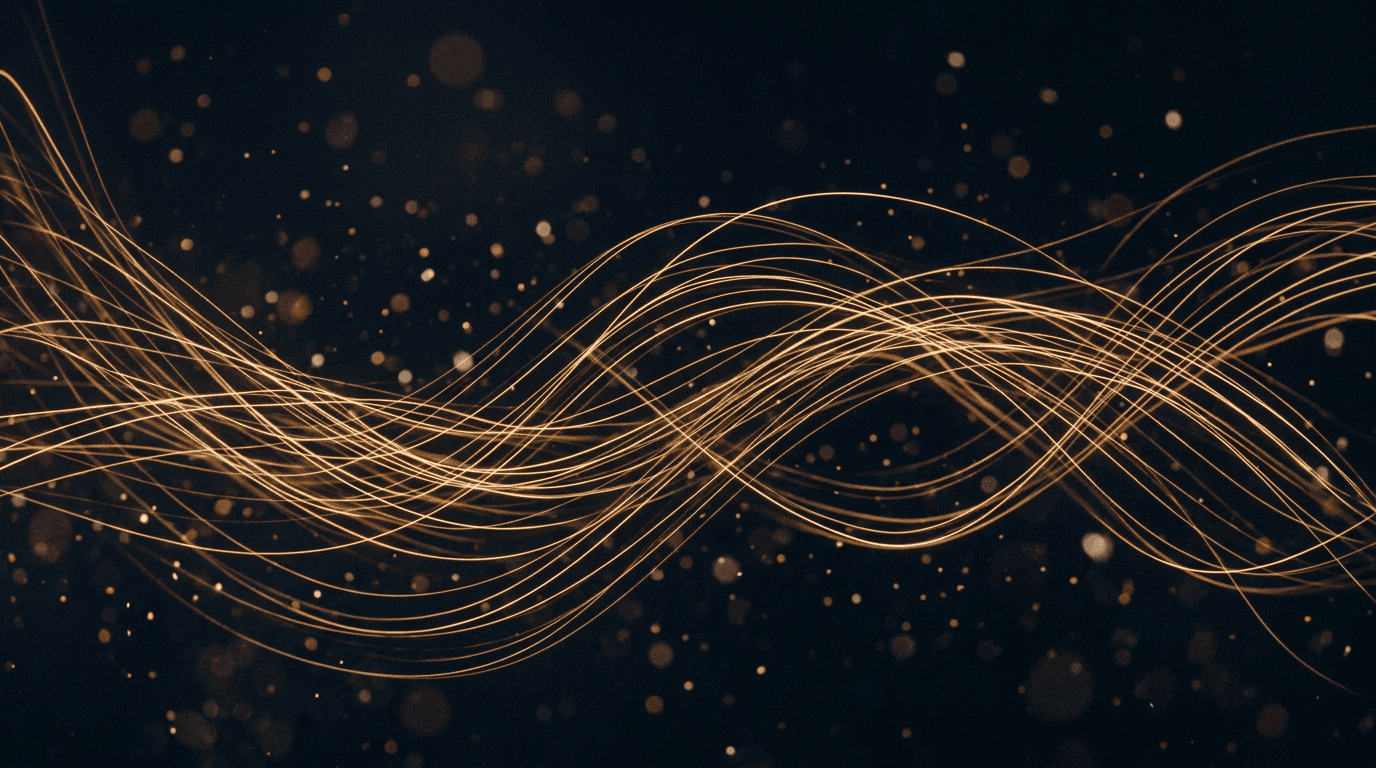 Filaments lumineux dorés flottant dans l'espace sombre — image éditoriale traitée en bichromie